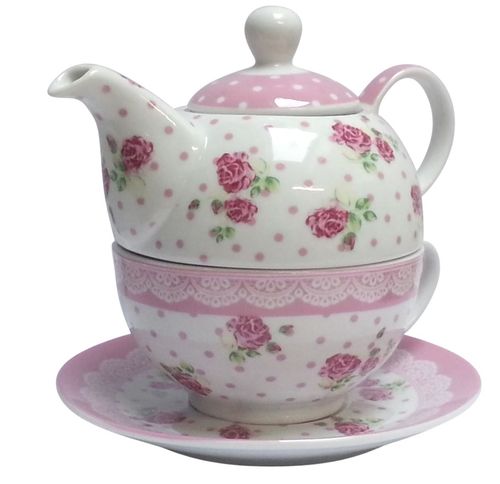 Tea for One Rose Teekanne+Tasse+Geschenkkarton Set Retro rosa oder hellblau Trendstern
