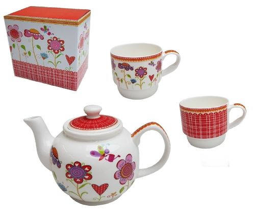Tea for One Blumen Set Porzellan Teekanne + 2 Tassen im Geschenkkarton