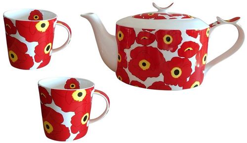 Tee-Set "Mohnblumen" 3-tlg. Teekanne + 2 Teetassen Brilliant Porzellan für VEGANER geeignet